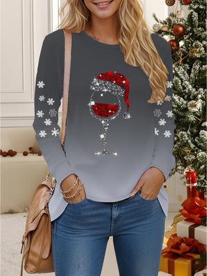 Tops for Women  3D  Christmas Print  Round Neck Long Sleeve T-shirt Fall Casual Slim Pullover Women's Long Sleeve Top