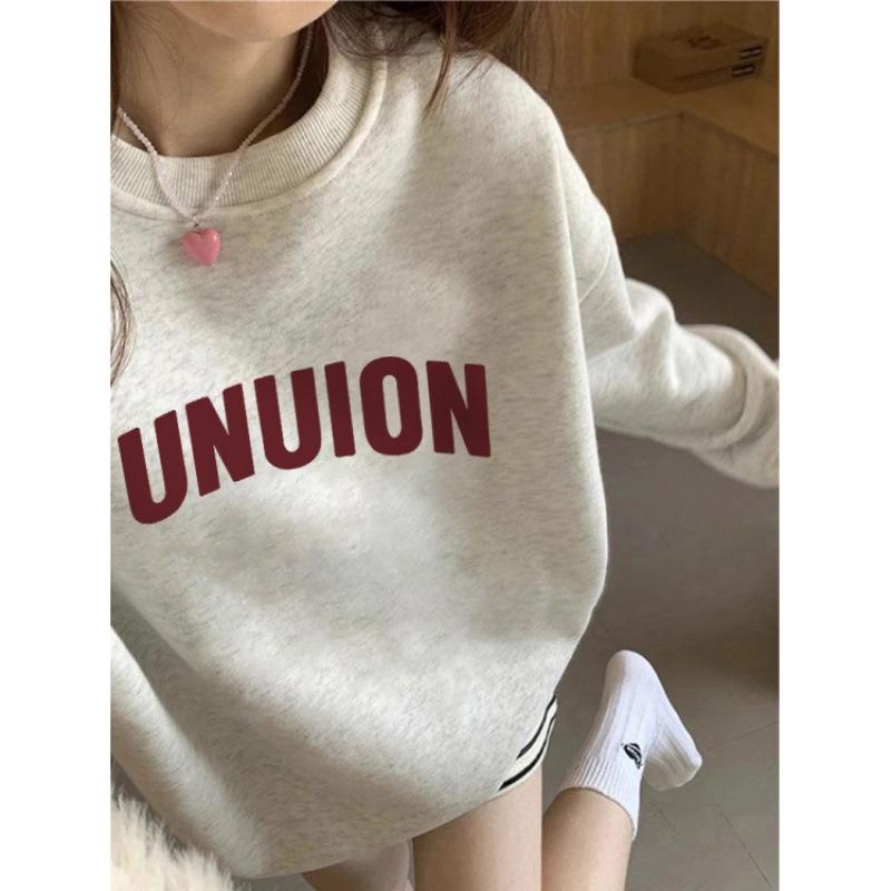 Women's Fleece-Lined Sweatshirt: Cartoon Cat, White & Gray, Long Sleeve, Round Neck, Autumn/Winter 2025 Style