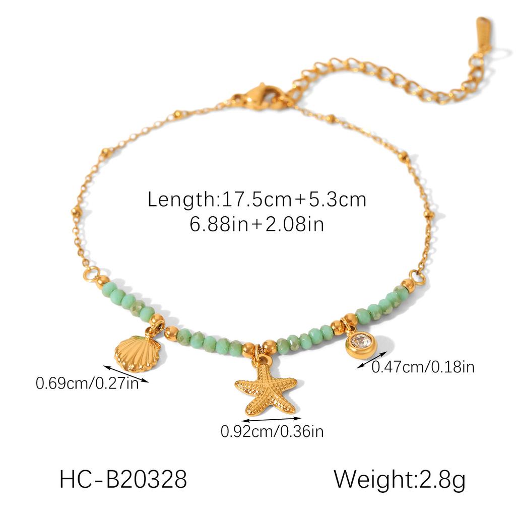 Shell and Starfish Beaded Natural Stone Bracelet, Ocean Resort Style Jewelry, Titanium Steel Bracelet