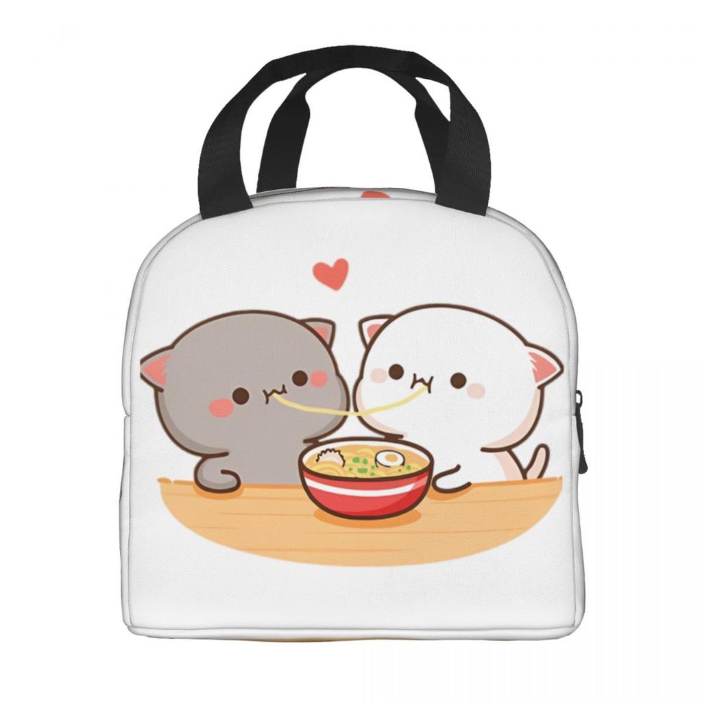 Custom Peach And Goma Mochi Cat Eating Ramen Thermal Insulated Lunch Bags Women Portable Lunch Container Travel Storage Food Box