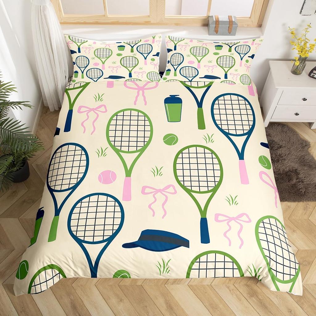 Comforter Tennis Court Twin Queentennis Competition Sports Game Grassland Comforter Geometric White Stripes Bedding Set