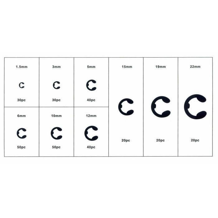 Assortiment de 300 Circlips type E-clip - 1,5 à 22 mm
