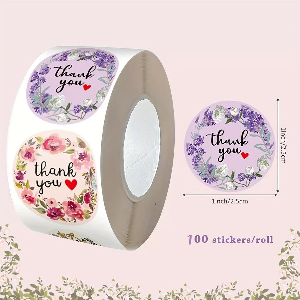 Floral Pattern Thank You Stickers, Self-Adhesive PVC Labels, Suitable for Gift Boxes, Envelopes, Meal Boxes, Takeout Containers, and Other Decorations