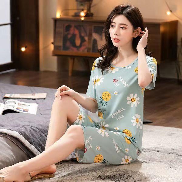 Pajamas Women's Summer, New Spring and Summer Short-sleeved Cute Loose Cropped Pants Loungewear Two-piece Set Summer