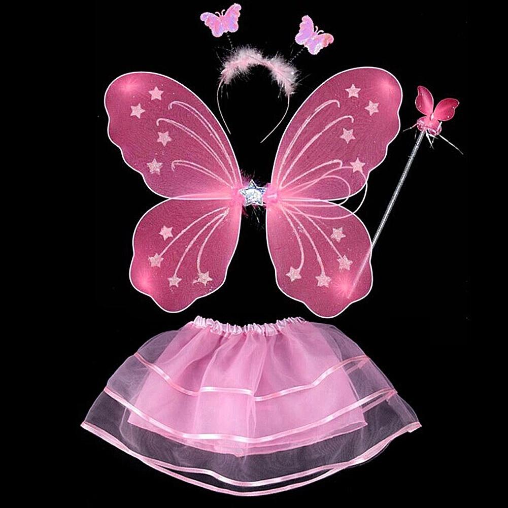 4Pcs Fairy Princess Children Costume Sets Butterfly Wings Wand Headband Tutu Skirt