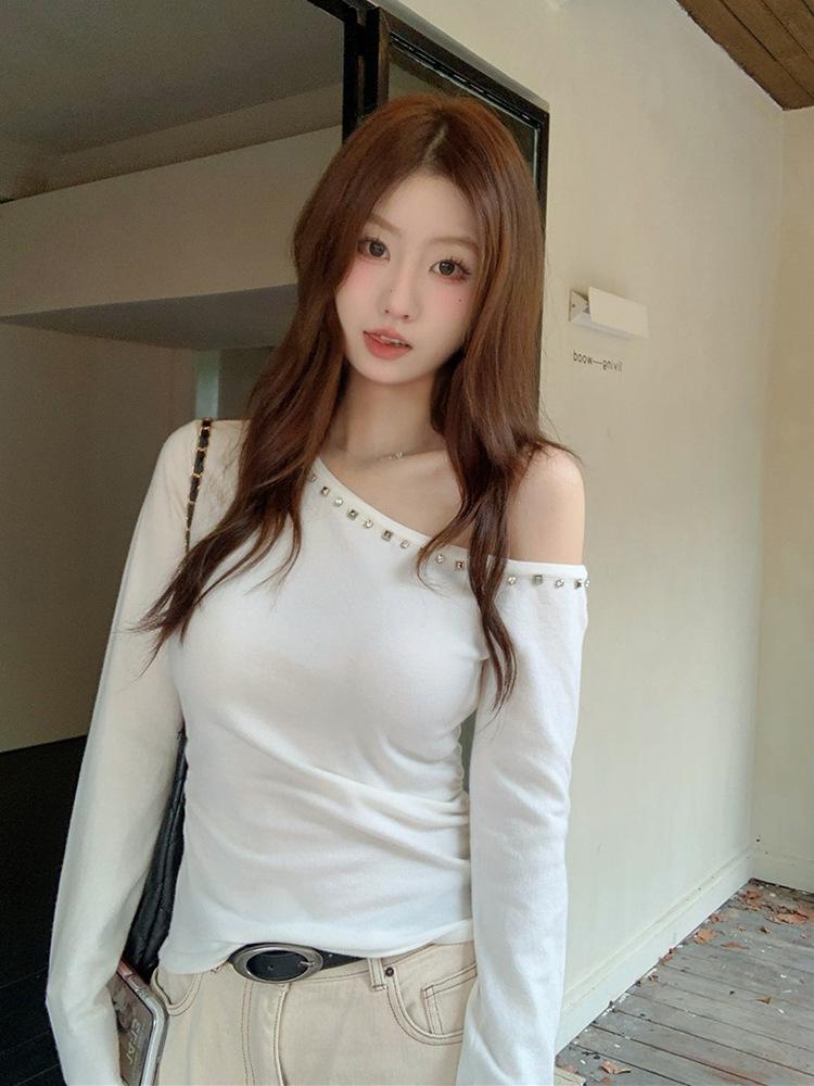 American Sweet Spicy Chic One-Shoulder White Top for Women - Early Autumn Slim Fit