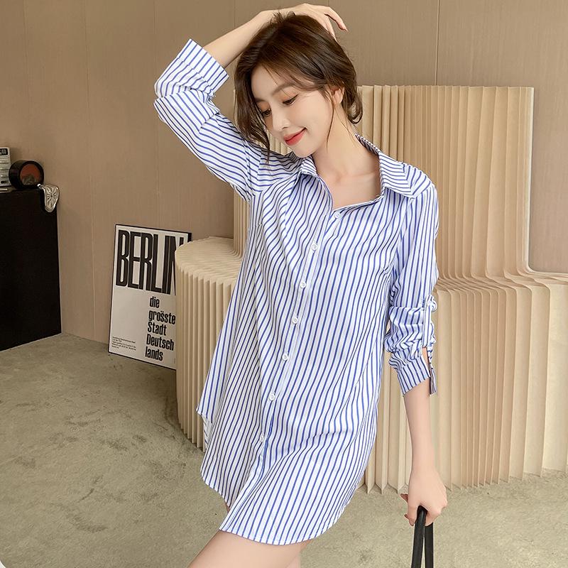 Korean Style Striped Midi Shirt Coat for Women – Spring/Autumn 2025 Collection