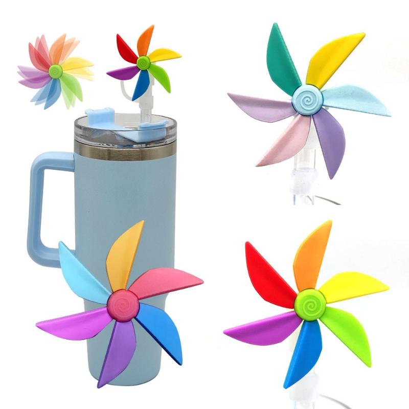 Colorful Rotating Windmill Silicone Straw Caps Removable Dust-proof Cover For Cup Fun Drink Enhancers Accessories
