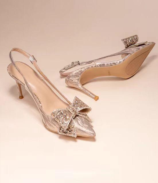 Thin heel pointed head bag head autumn bride shoes fashion European and American rhinestones bridesmaid high heels sandals new crystal wedding shoes