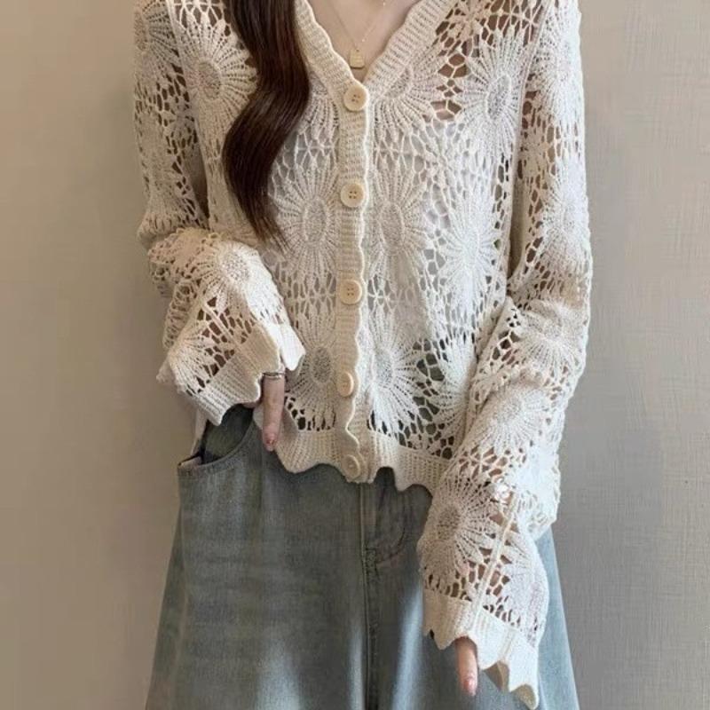 Women S Summer V Neck Cutout Thin Knitted Long Sleeve Cardigan