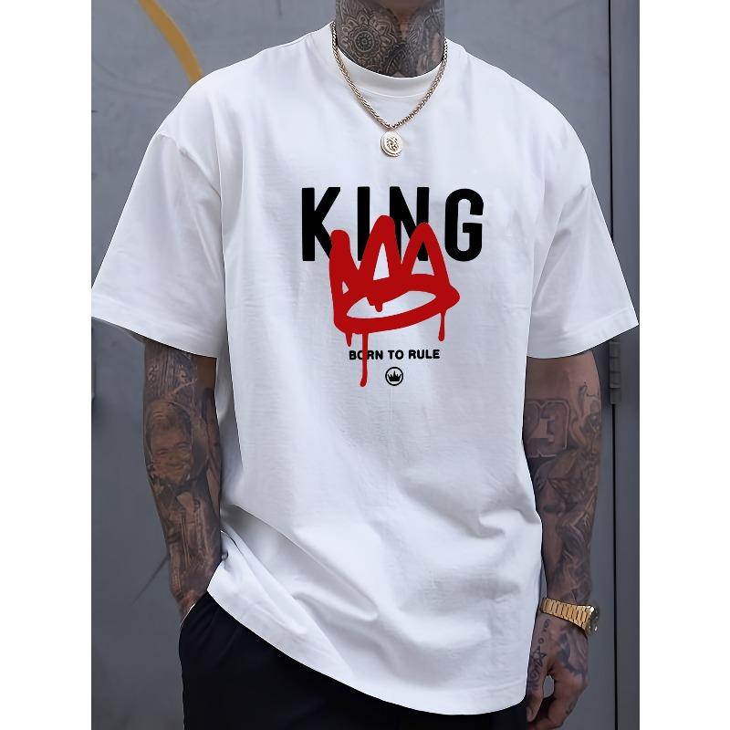 European Size Men's "KING" Graphic T-Shirt - Cotton, Breathable Crew Neck, Short Sleeve, Casual Summer Tee with Bold Print, Lightweight