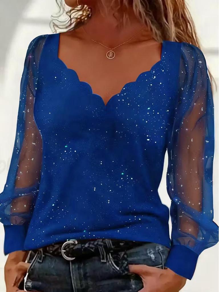 European Style V-Neck Long Sleeve Mesh T-Shirt