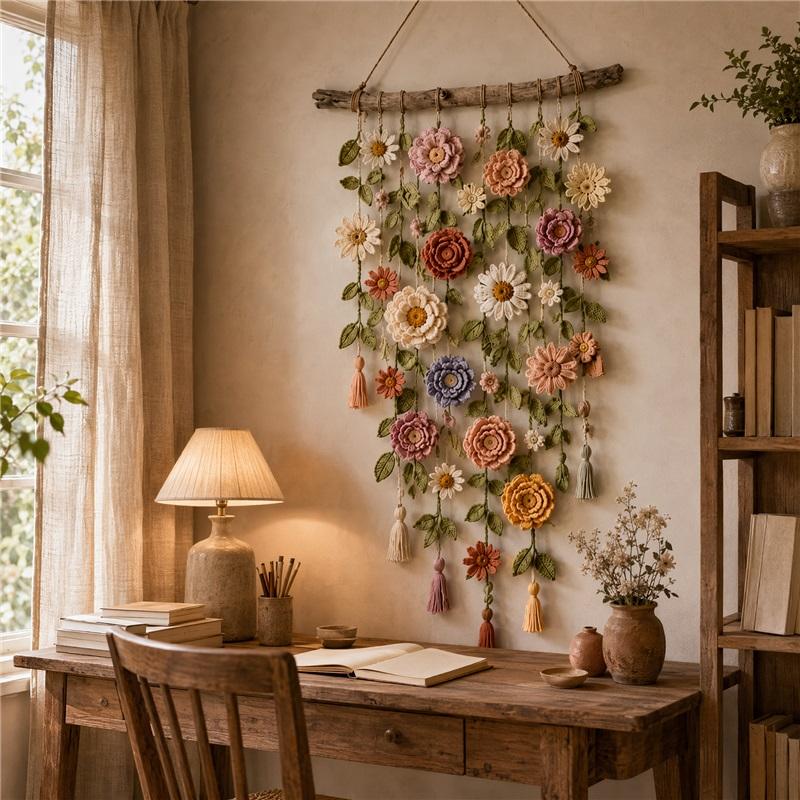 Handmade Cotton Floral Crochet Macrame Hanging Soft Artisan Wall Piece Boho Farmhouse Indoor Wall Art Ornament for Home Room