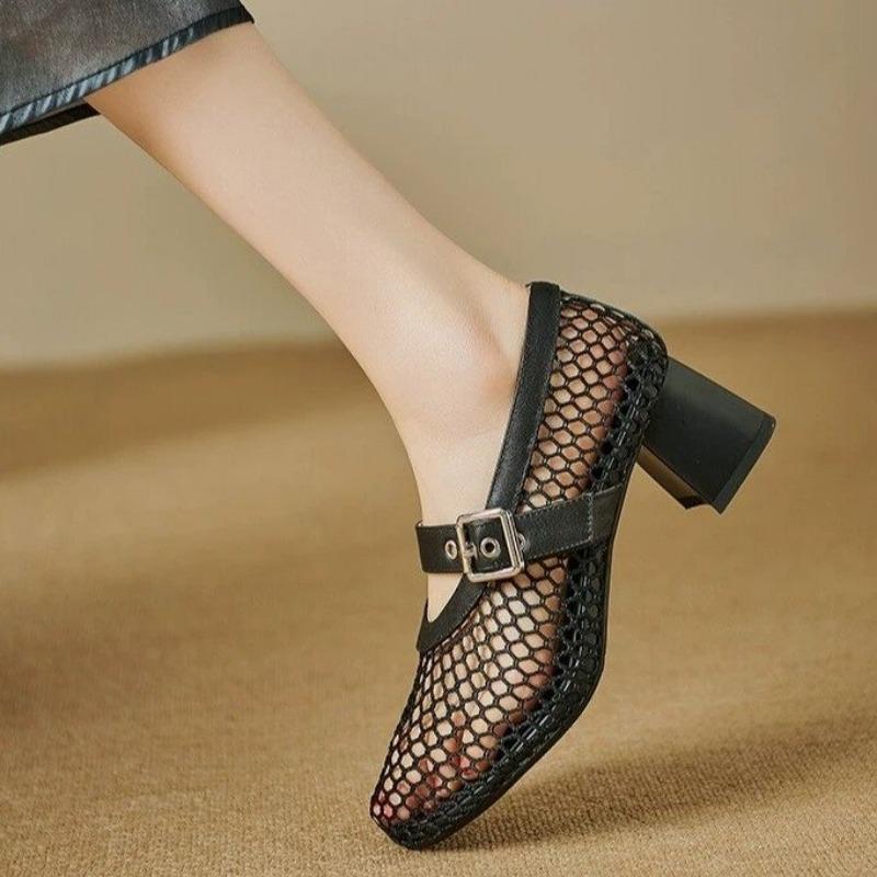 Fashion Mesh Mary Jane Single Shoe Women's Summer New Round Head Line with Hollow Mesh High-heeled Sandals