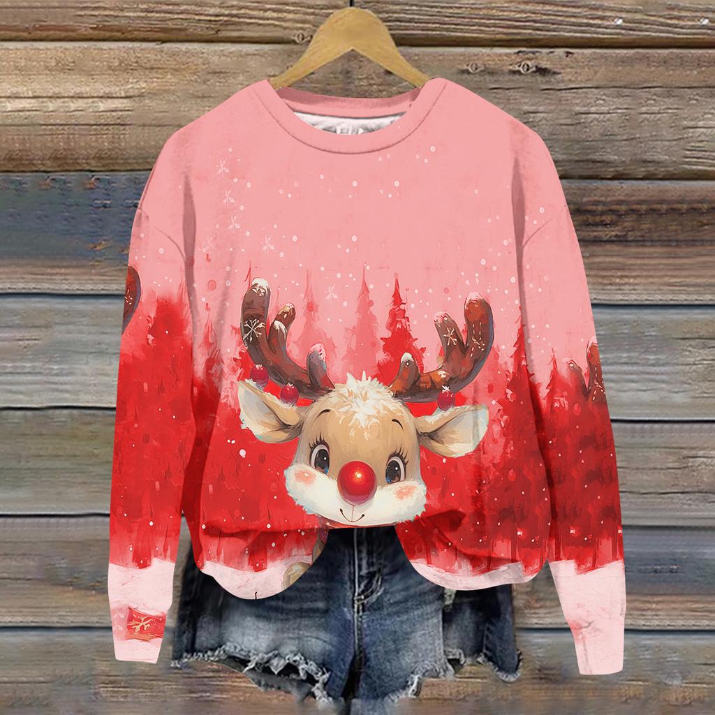 Ladies' Christmas Printed Long Sleeved Round Neck Hoodie Loose Top