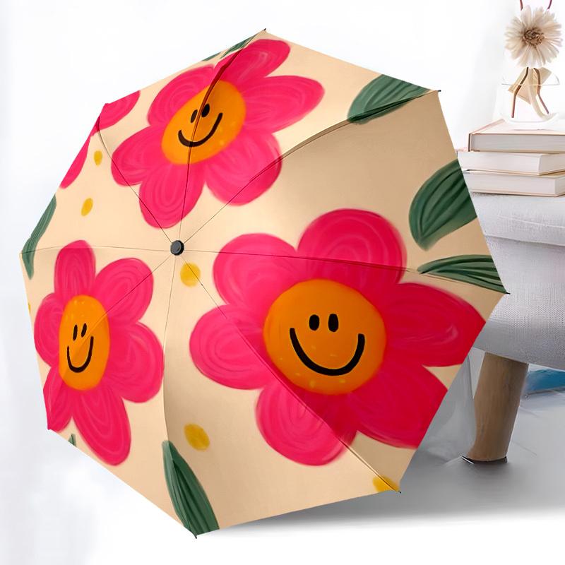 1pc Flower Smiley Face Pattern Automatic Folding Umbrella - 8-Rib Durable Iron Frame, Compact Portable for Daily Travel yy251205088