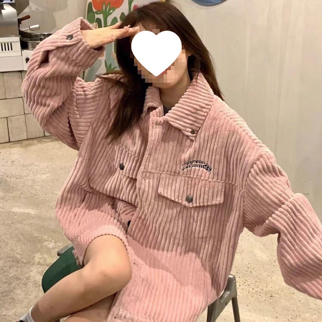 

New Pink Retro Corduroy College Style Baseball Jacket for Women L