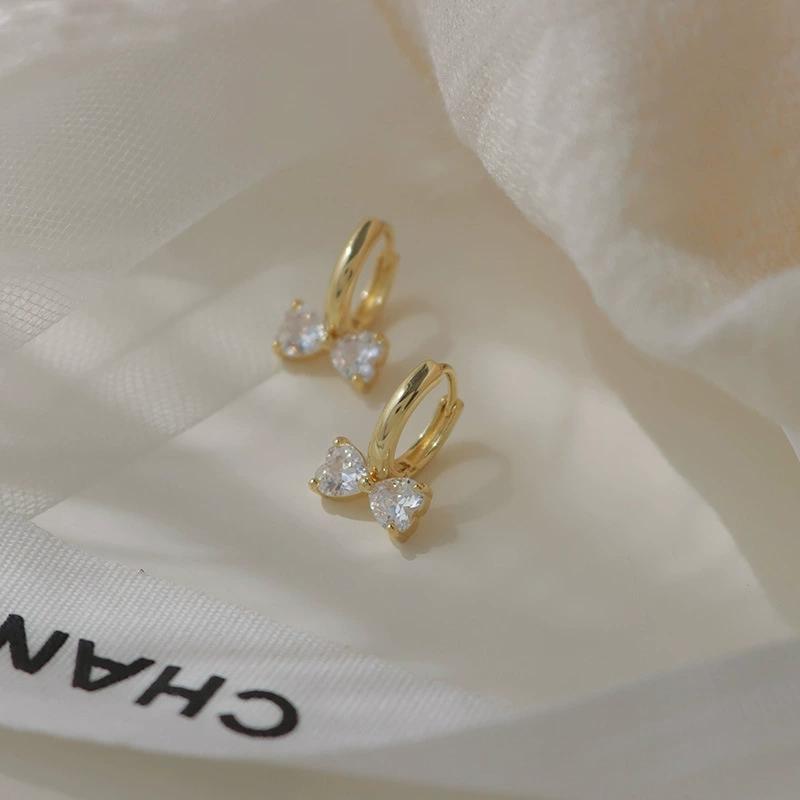 E1100-S925 Silver Plated 14K Gold Bowknot Earrings Niche Design Hoops Sweet Heart-shaped Zircon Earrings for Women