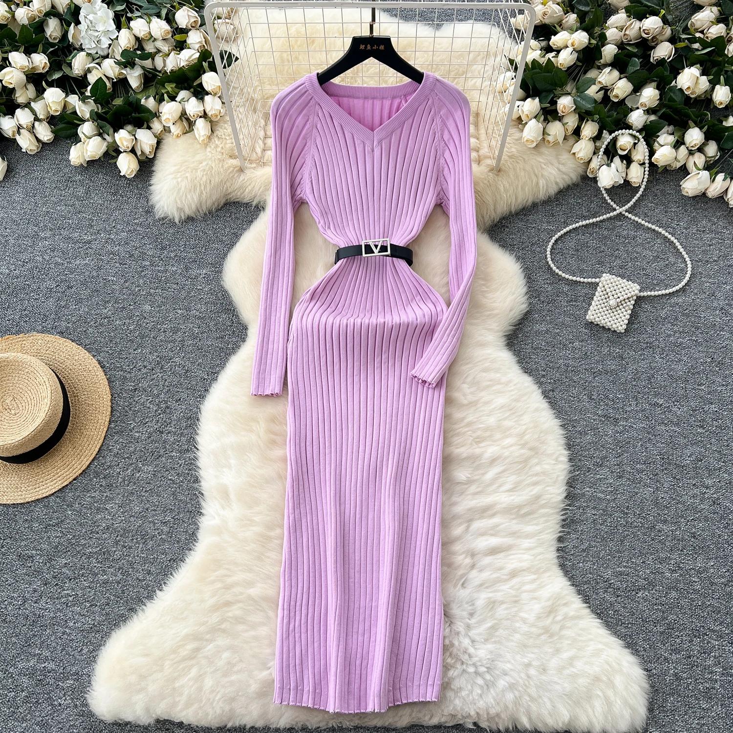 Винтажное базовое платье с V-образным вырезом и длинным рукавом — фото 21