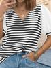 Women's Striped Color Block V Neck T Shirt Puff Sleeve Oversized Casual Top