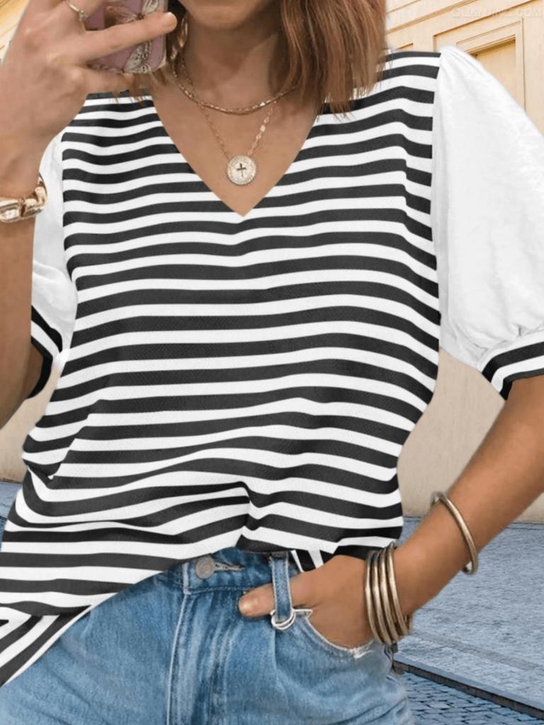 Women's Striped Color Block V Neck T Shirt Puff Sleeve Oversized Casual Top
