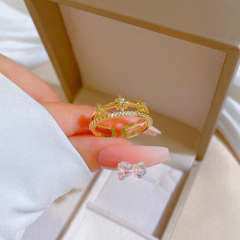 Real Gold Light Luxury Full Diamond Star Ring Opening Adjustable Simple Jewelry Japanese Ring Couple Ring