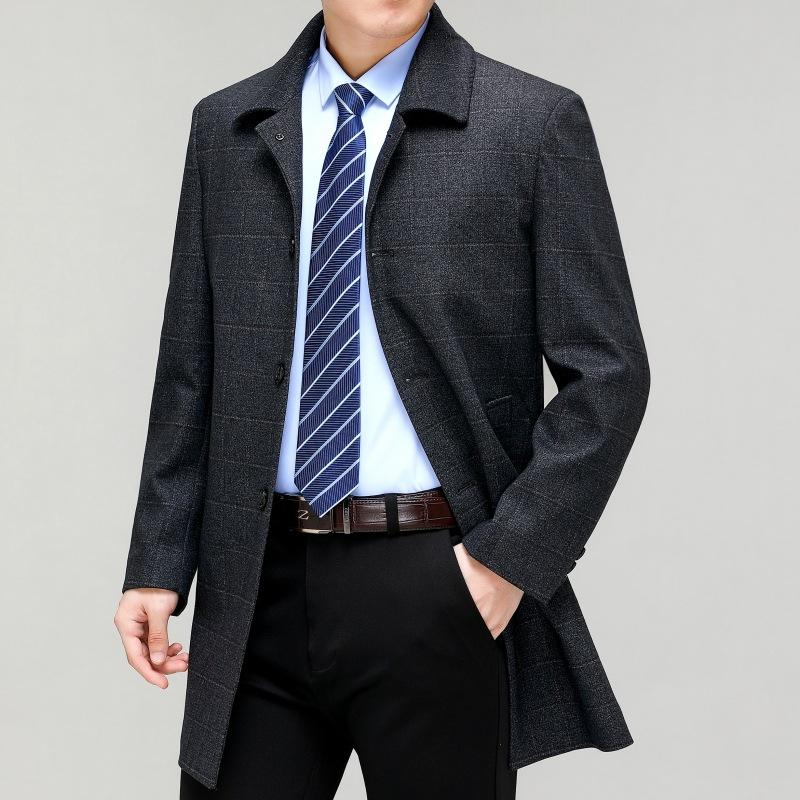 Autumn and Winter Thick Wool Windbreaker Middle-aged Men's Mid-length Business Coat Jacket Dad's Large Size Buttoned Top