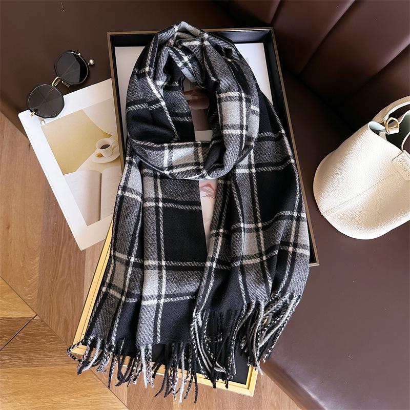 Unisex Korean Plaid Thick Winter Scarf with Tassels - Imitation Cashmere Shawl