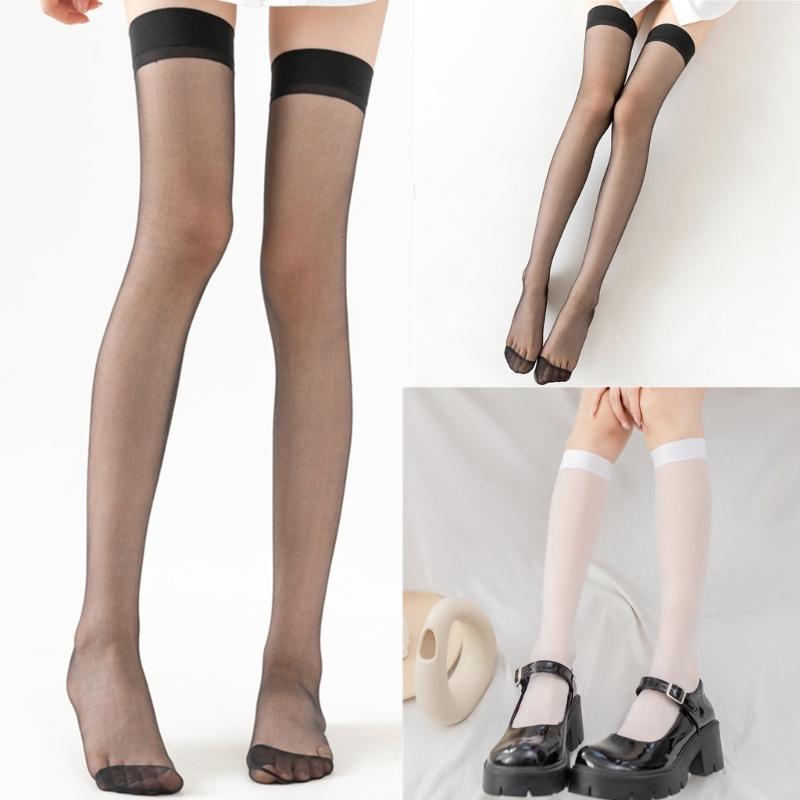 Summer Transparent Nylon Socks Sheer Silk Thigh High Stockings Solid Color Over The Knee Stockings JK Students Stockings