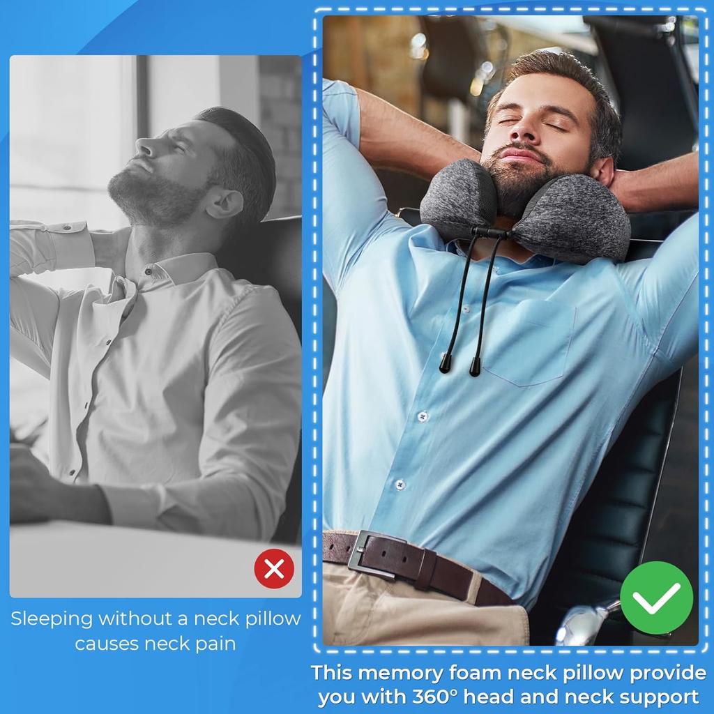 Travel Pillow, Travel Pillows for Sleeping Airplane, Removable Cover Neck Pillow with Adjustable Clasp, Memory Foam Neck Pillow Set with Eye Mask,