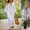 Rochie lungă plus size pentru femei, cu decolteu în V, cu mânecă lungă, rochie maxi casual, cu nasturi, culoare solidă, rochii din in