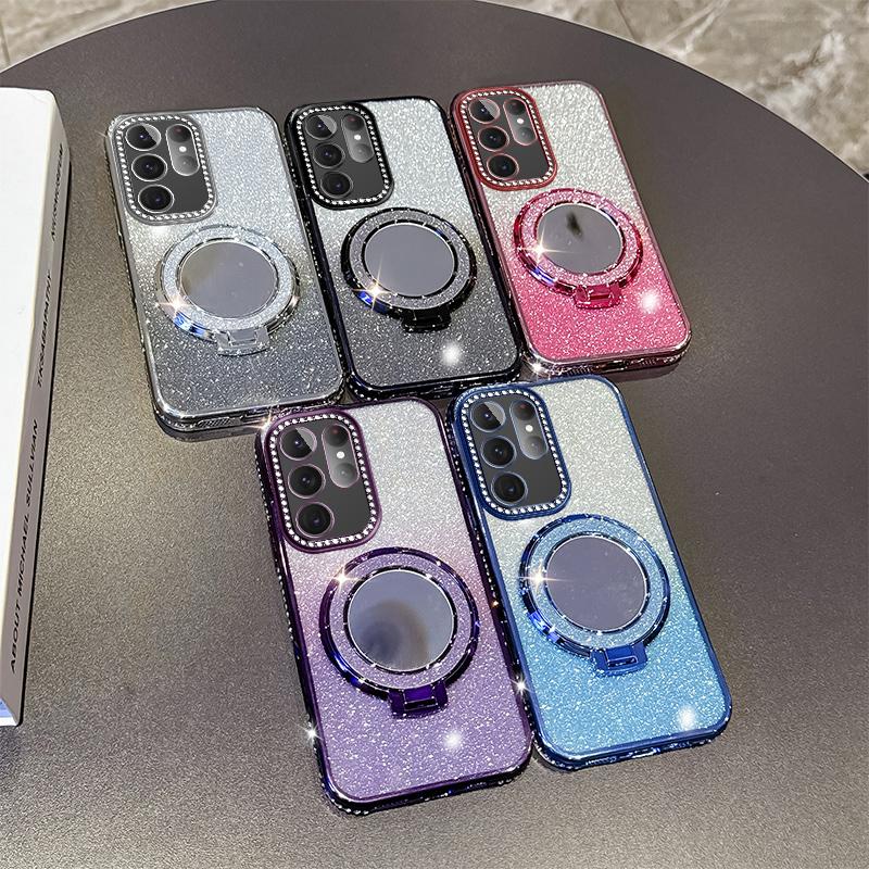 KEYSION Glitter Jewelled Magnetic Phone Case for Samsung Galaxy S25 Ultra 5G S24+ Plus S23 FE Makeup Mirror Stand Shockproof Cover