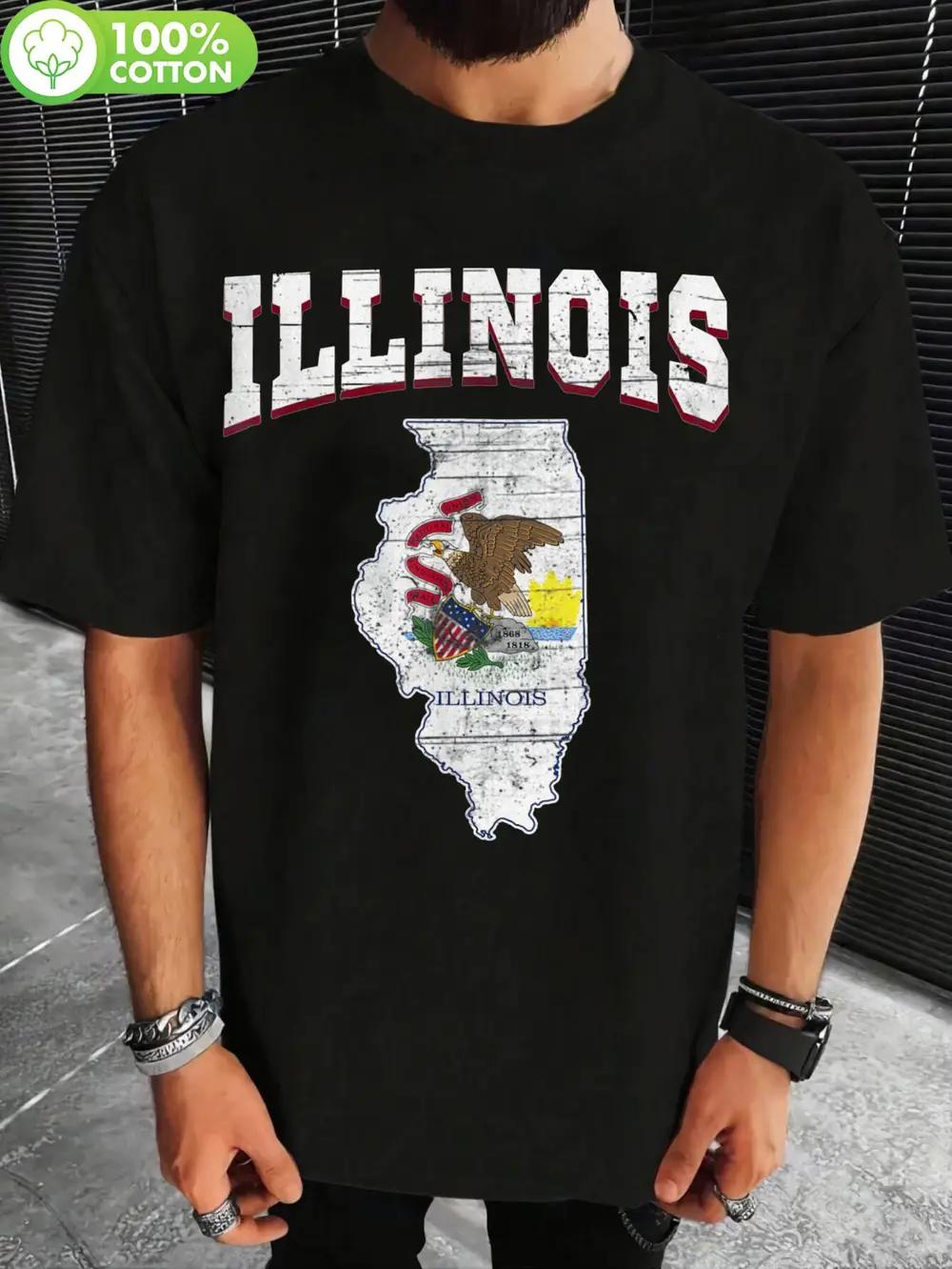 Proud American Illinois Map Print T-shirt - 100% Cotton Short Sleeve Crew Neck M