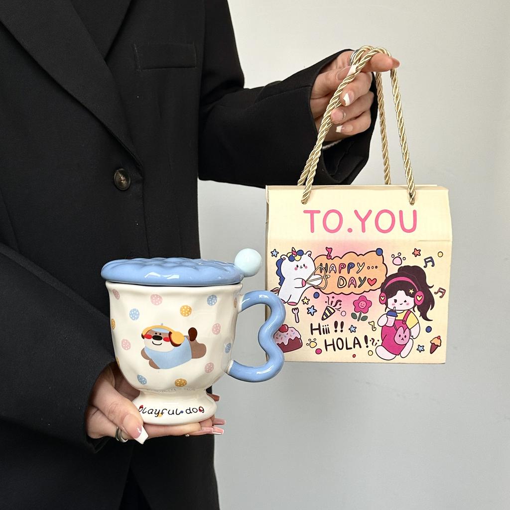 Cute Polka Dot Puppy Creative Cartoon Water Cup Ceramic Mug with Lid Spoon High Looking Birthday Gift for Girls