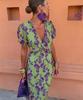European and American women's clothing fashion pleated printed long dress elegant slim V-neck short-sleeved dress