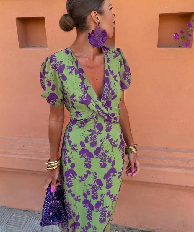 European and American women's clothing fashion pleated printed long dress elegant slim V-neck short-sleeved dress