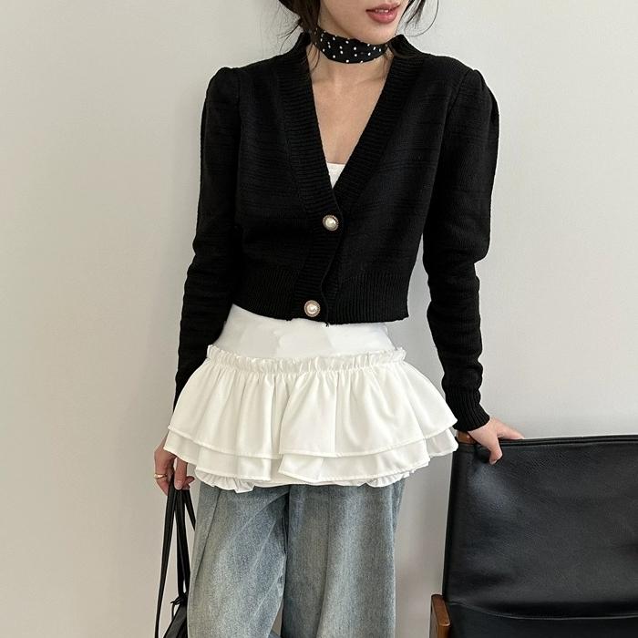 

Кардиган женский с рукавами-фонариками, корейский белый укороченный топ, короткое пальто, повседневный свободный свитер на пуговицах-жемчужинах с V-образным вырезом, Y2k One Size