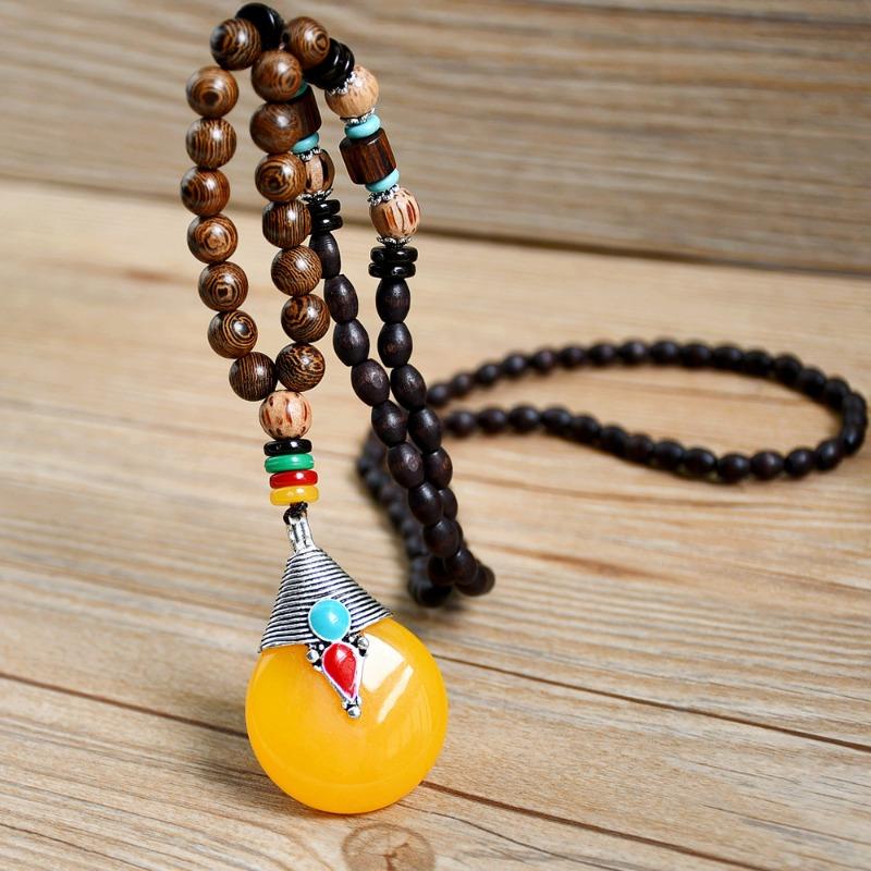 GemChic Women's New Vintage Wooden Beads Amber Pendant Long Necklace Classical Ethnic Fashion Birthday Christmas Jewelry Gift
