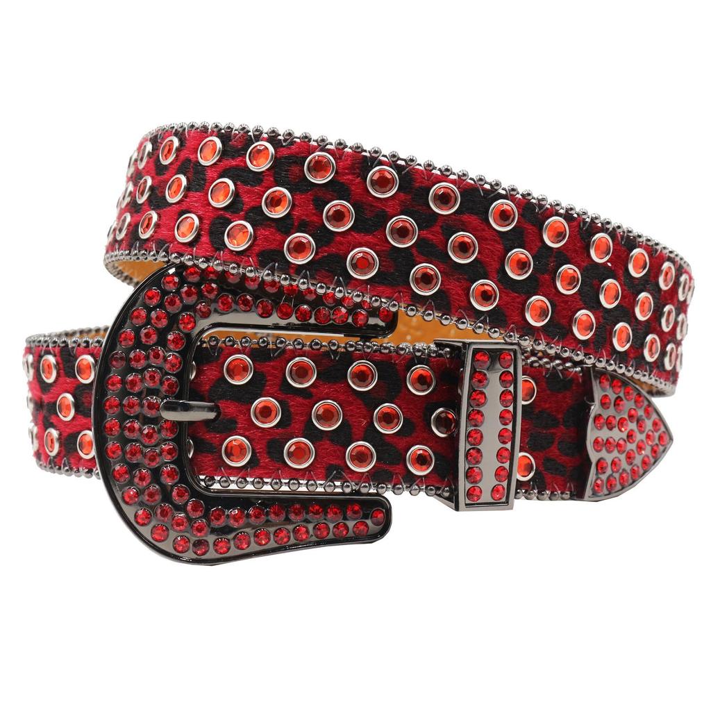 Leopard Print Rhinestone Leather Belt - Y2K Style for Women