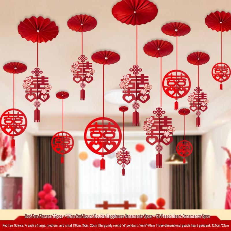 Luxury Wedding Decoration Pendants: Double Happiness Ceiling Ornaments for Bride's and Groom's Bedrooms & Living Room