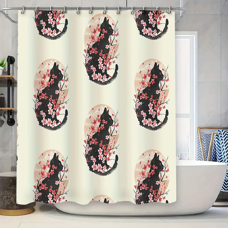 

Cat Shower Curtain Japanese Cherry Blossom Floral Bathroom Decor Van Gogh Style Washable Fabric Liner Artistic Home Decor Vintag W60H190(CM)-1 Pcs