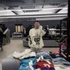 Grenzüberschreitende europäische und amerikanische Trendmarke RRR-123 dunkles Palmen-Graffiti-Slogan Langarm-T-Shirt für Herren und Damen, High Street Vintage Basishemd