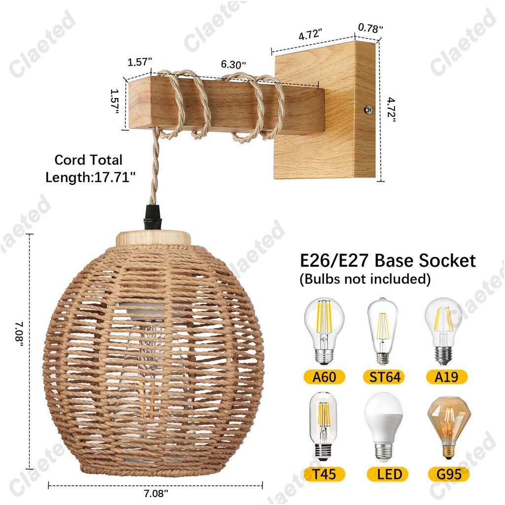 Wall Lights Fixtures Wall Decor Handwoven Lampshade Wall Sconces Lighting Rattan Wall Lamp for Home Kitchen Loft Ceiling Bedroom