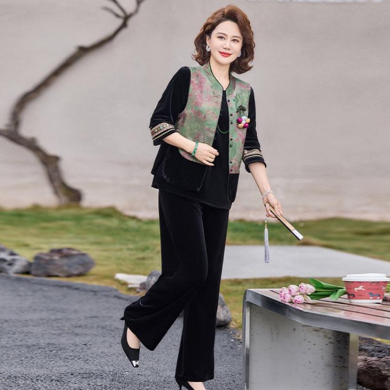 

Chinese Spring Suit Set: Golden Velvet Vest & Shirt for Middle-Aged Women - Ideal for Spring/Autumn 4XL [for 135-150 lbs]