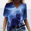 Fashion Women's T-shirt Cat Print Short-sleeved Women's T-shirt V-neck Animal Women's Clothing