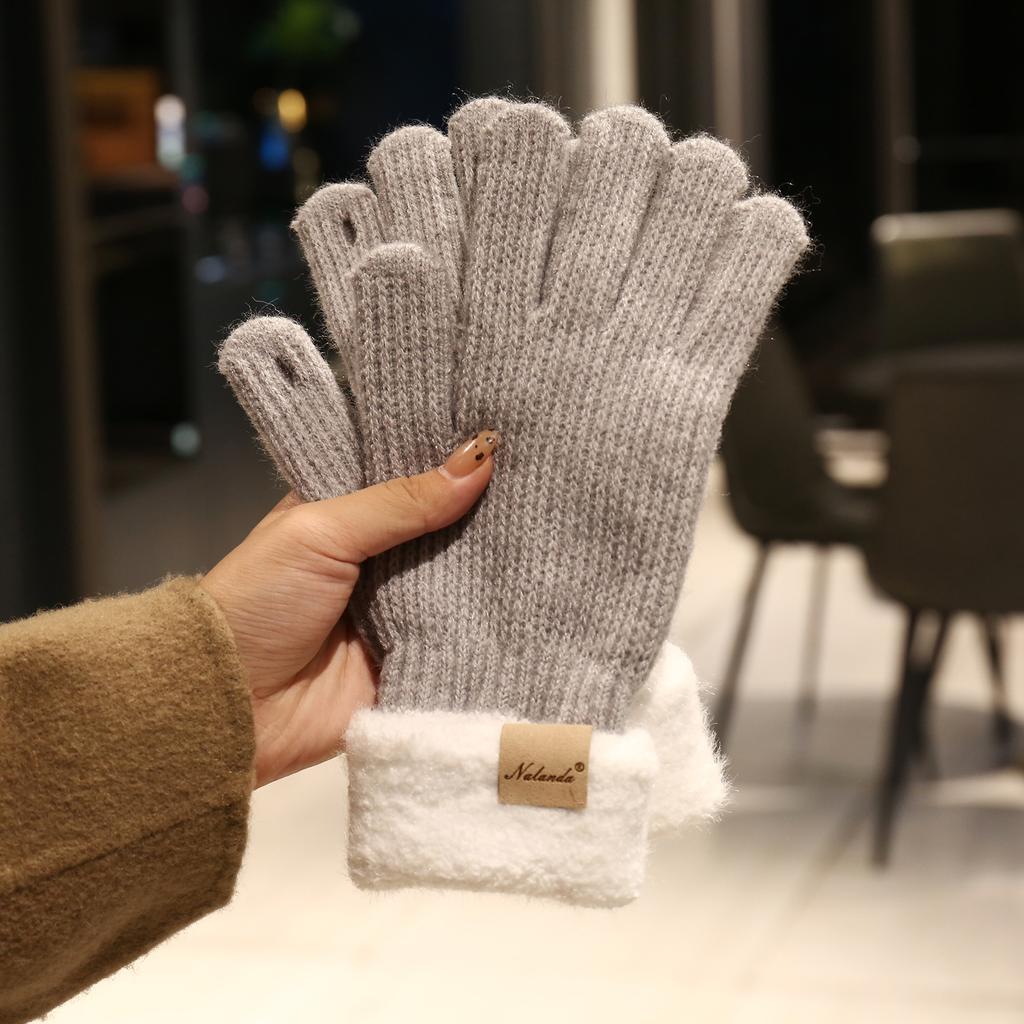 New Women's Thickened Thermal Gloves Winter Simple Plush Splicing Versatile Dew Finger Knitted Gloves
