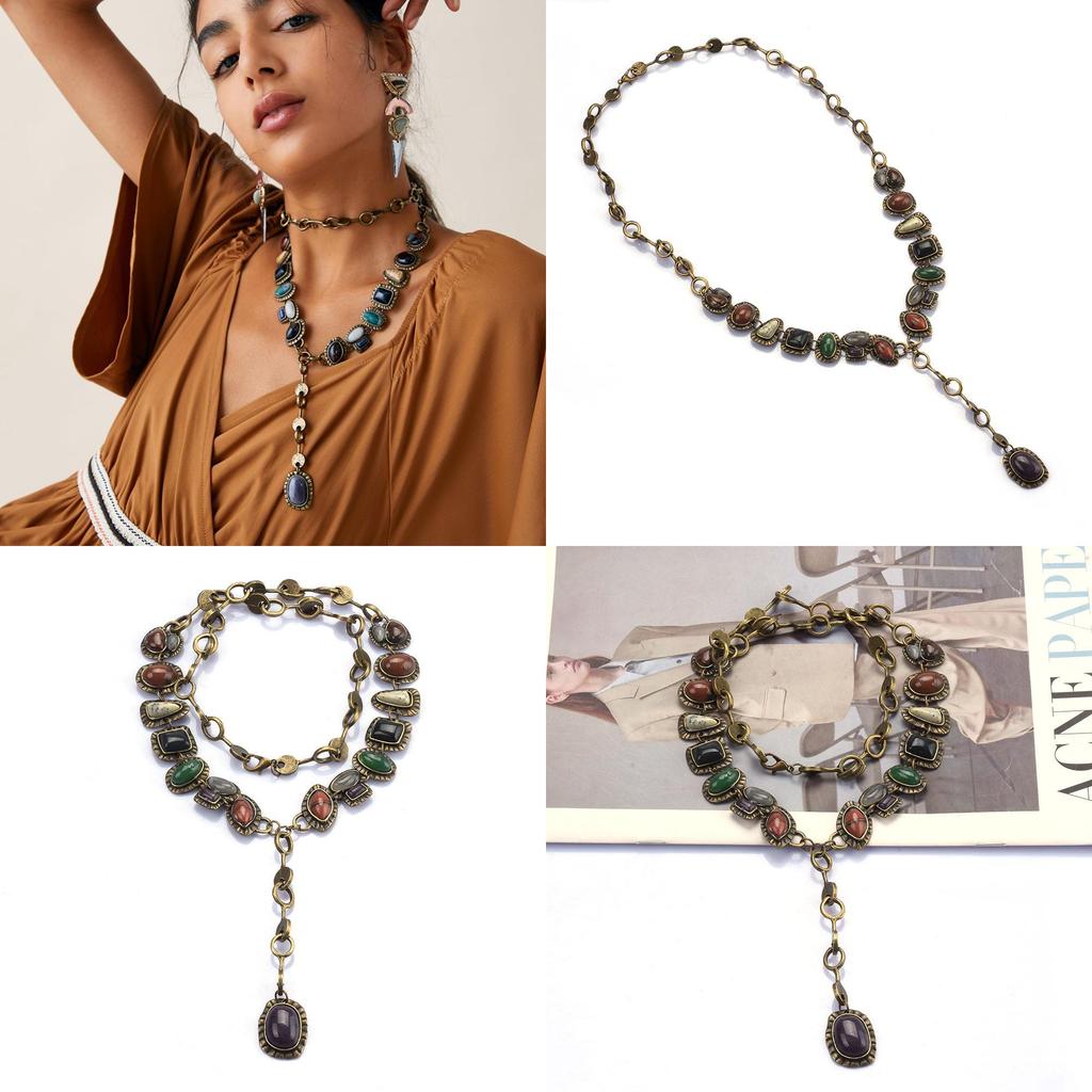 Bohemian Style Long Metal Necklace With Gem Accents For Women Summer Wear
