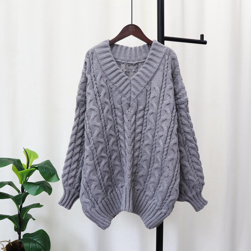 Thickened V-neck twist sweater pullover women's autumn and winter new loose soft waxy and thin knitted sweater top