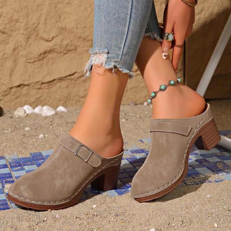 

Summer Plus Size Heavy Bottom Wrapped Head Half Drag Round Head Deep Mouth Metal Buckle Block Heel Cool Drag 43 хакі