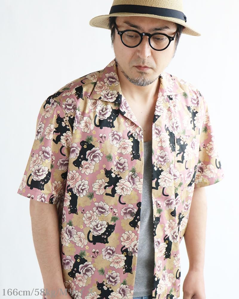 Quintet Aloha Black Cat Floral Animal Japanese Floral Short Men's Shirt, Print, Open-Collar Shirt, Pattern, Print, Sleeve, 11-70551 (L, Peony/Pink)
